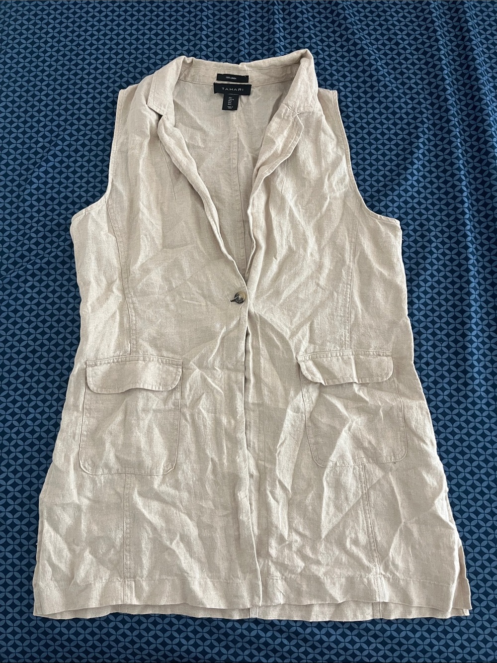 Tahari Light Beige Sleeveless Linen-Blend Long Vest